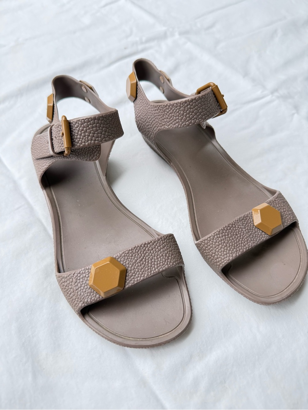 Givenchy Women’s Taupe Textured Sandals with Gold Hex Accent